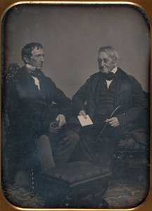 Dwóch starszych mężczyzn rozmawiających, ca. 1850.