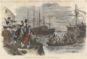 Boston Tea Party? Zniszczenie herbaty w Boston Harbor, 16 grudnia 1773, z pubu Ballous Pictorial Drawing-Room Companion. 1865 (kolor grawerowany) autorstwa John Andrew