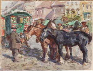 Czarny koń z domami w tle (ołówek i wc na papierze) autorstwa John Atkinson