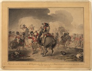 42nd Highlanders at Waterloo, 1815 (wc pióro i atrament na papierze) autorstwa John Augustus Atkinson