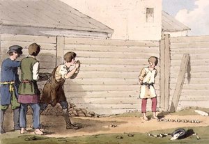 Babki, tablica 13 z tomu I „Maniery, obyczaje i zabawy Rosjan”, akwaforta artysty, wyd. 1803 (akwatinta) autorstwa John Augustus Atkinson