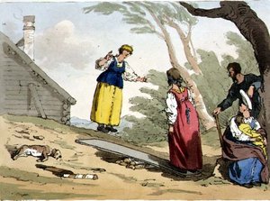 Skoki na desce, tablica 54 z tomu II „Maniery, obyczaje i zabawy Rosjan”, sztychowana przez artystę, wyd. 1804 (akwatinta) autorstwa John Augustus Atkinson