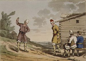 Taniec polski, tablica 96 z tomu III „Maniery, obyczaje i zabawy Rosjan”, akwaforta artysty, wyd. 1804 (akwatinta) autorstwa John Augustus Atkinson