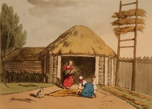 Sortowanie i suszenie konopi, tablica 95 z tomu III „Maniery, obyczaje i zabawy Rosjan”, akwaforta artysty, wyd. 1804 (akwatinta) autorstwa John Augustus Atkinson
