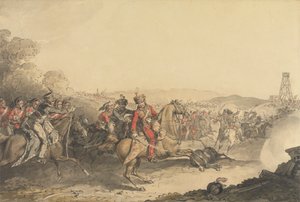 Markiz Anglesey ranny podczas prowadzenia szarży ciężkiej kawalerii pod koniec bitwy pod Waterloo autorstwa John Augustus Atkinson
