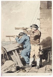 Dwóch pilotów na obserwacji, każdy z własnym teleskopem (widok daleki), skierowanym na morze, z platformy ufortyfikowanego budynku autorstwa John Augustus Atkinson