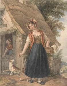 Młoda kobieta z psem przed drzwiami chaty autorstwa John Augustus Atkinson