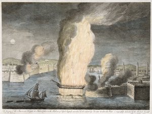 The Burning of American Fregat [sic] Filadelfia w porcie w Trypolisie, 1805 (ręcznie kolorowana linia grawerowana na papierze wykładanym) autorstwa John B. Guerazzi