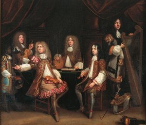 Karmazynowa sypialnia, grupa portretowa dżentelmenów z instrumentami muzycznymi, zgodnie z tradycją przedstawiająca ministerstwo kabały króla Karola II (olej na płótnie) autorstwa John Baptist de Medina