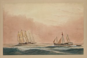 "Futty Satam" holowany na Mauritius przez barkę "Otter" i statek "City of Poona", 1851 r., ok. 1851 r. (akwarela) autorstwa John Becket Hodgson