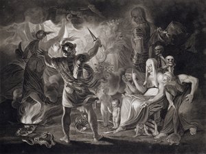 Makbet, trzy czarownice i Hekate w akcie IV, scena I „Makbeta” Williama Szekspira (1564-1616) opublikowana w 1805 r.