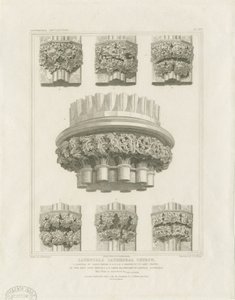 Wnętrze katedry w Lichfield - filar gromady w kapitularzu i wsporniki w kaplicy Lady: grawerowanie, bd [ok. 1819] (druk)
