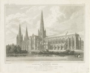 Katedra w Lichfield - widok na południowy wschód: grawerowanie, nd [?1819] (druk) autorstwa John Britton