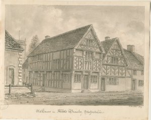 Abbots Bromley Old Houses: rysunek w sepii, 1839 autorstwa John Buckler