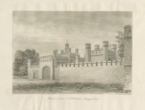 Blithfield Hall - Kitchen Court: rysunek w sepii autorstwa John Buckler