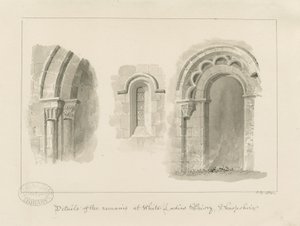 Brewood - Whiteladies Priory (ruiny): rysunek w sepii autorstwa John Buckler