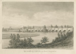 Burton-upon-Trent Bridge and Town: rysunek w sepii autorstwa John Buckler