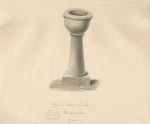 Czcionka w kościele Acton Trussell: rysunek w sepii, 1841 autorstwa John Buckler