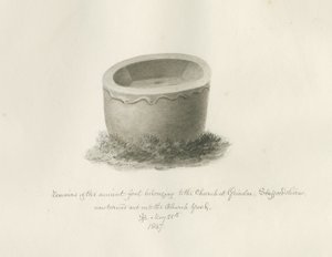 Czcionka w kościele Grindon: rysunek w sepii, 25 maja 1847 (rysunek) autorstwa John Buckler