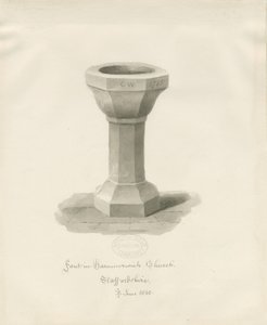 Czcionka w kościele Hammerwich: rysunek w sepii, czerwiec 1843 (rysunek) autorstwa John Buckler