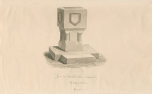 Czcionka w kościele Swynnerton: rysunek w sepii autorstwa John Buckler