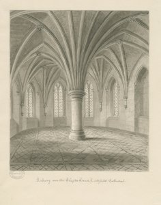 Wnętrze katedry w Lichfield - Biblioteka nad Kapitularzem: rysunek w sepii autorstwa John Buckler