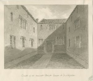 Lichfield - Court Yard of Old House in The Close: rysunek w sepii autorstwa John Buckler