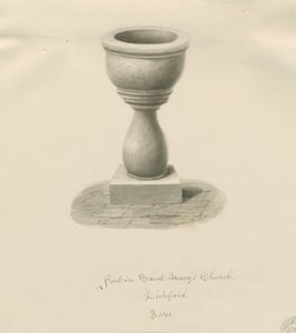Lichfield - Czcionka w kościele Mariackim: rysunek w odcieniu sepii autorstwa John Buckler