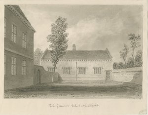 Lichfield - Grammar School: rysunek w sepii autorstwa John Buckler
