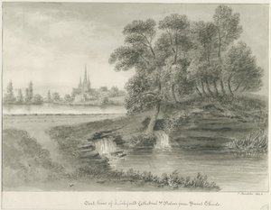Katedra w Lichfield - widok na wschód: rysunek w sepii, 1844 autorstwa John Buckler