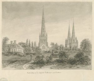 Katedra w Lichfield - widok północny: rysunek w sepii, 1838 r. autorstwa John Buckler