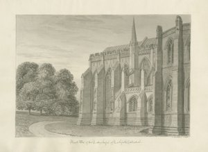 Katedra w Lichfield - widok północny: rysunek w sepii, 1845 autorstwa John Buckler