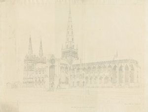 Katedra w Lichfield - widok południowo-wschodni: akwaforta konturowa, nd [1808] autorstwa John Buckler