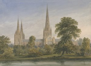 Katedra w Lichfield - widok na południowy wschód: malarstwo akwarelowe, nd [?1842] autorstwa John Buckler