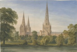 Katedra w Lichfield – południowo-południowy wschód Widok: malowanie akwarelą, 1842 r. autorstwa John Buckler