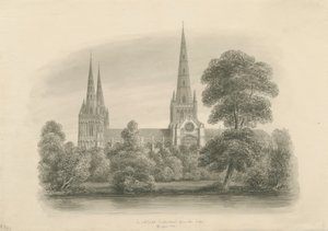 Katedra w Lichfield - południe Widok: rysunek w sepii, 1841 autorstwa John Buckler