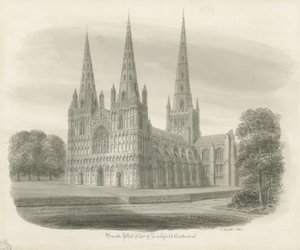 Katedra w Lichfield - południowy zachód Widok: rysunek w sepii autorstwa John Buckler
