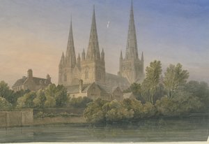 Katedra w Lichfield – południowo-zachodni Widok: malowanie akwarelami, 1839 autorstwa John Buckler