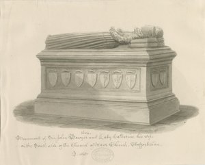 Kościół Maer - Pomnik Sir Johna Bowyera i Lady Katarzyny: rysunek w sepii, 1843 autorstwa John Buckler