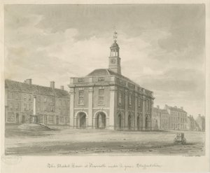 Newcastle-under-Lyme - Rynek: rysunek rozmyty w sepii, 1840 autorstwa John Buckler