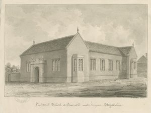 Newcastle-under-Lyme - National School: rysunek w sepii autorstwa John Buckler