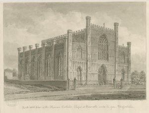 Newcastle-under-Lyme – Kaplica rzymskokatolicka: rysunek w odcieniu sepii, 1840 autorstwa John Buckler