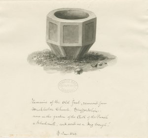 Stara czcionka z kościoła w Mucklestone: rysunek w odcieniu sepii, czerwiec 1843 (rysunek) autorstwa John Buckler