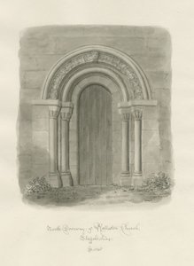 Rolleston Church - North Doorway: rysunek w sepii autorstwa John Buckler