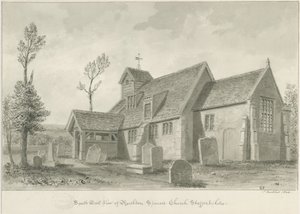 Rushton Spencer Church: rysunek rozmyty w sepii, 1844 autorstwa John Buckler