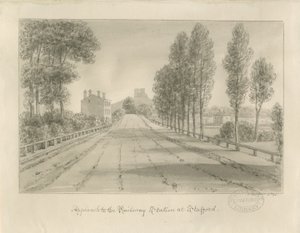Stafford - Podejście do dworca kolejowego: rysunek w sepii autorstwa John Buckler