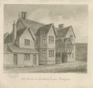 Stafford - Old Houses in Crabbery Lane: rysunek w sepii autorstwa John Buckler
