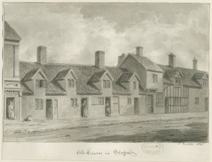 Stafford - Stare domy [przy Eastgate Street]: rysunek w sepii, 1844 autorstwa John Buckler