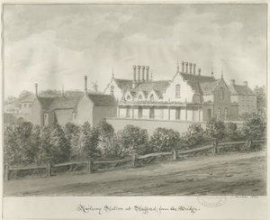 Stafford - Dworzec kolejowy: rysunek w sepii, 1844 autorstwa John Buckler