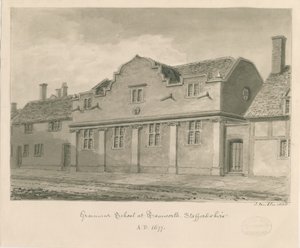 Tamworth - Grammar School: rysunek w sepii, 1838 autorstwa John Buckler